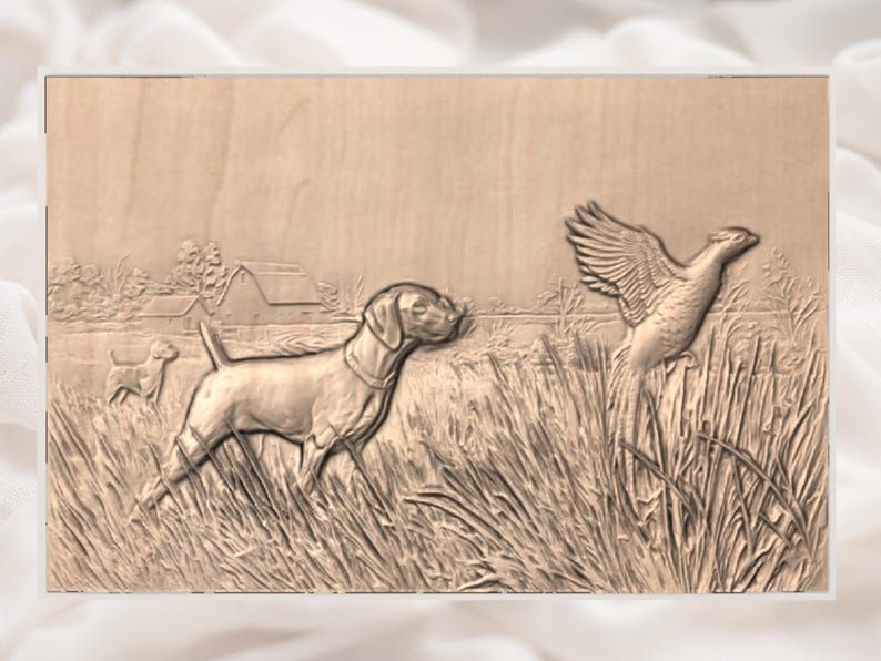 Pointer on Point as a Pheasant Flushes Bas-Relief STL bas-relief STL — view 3