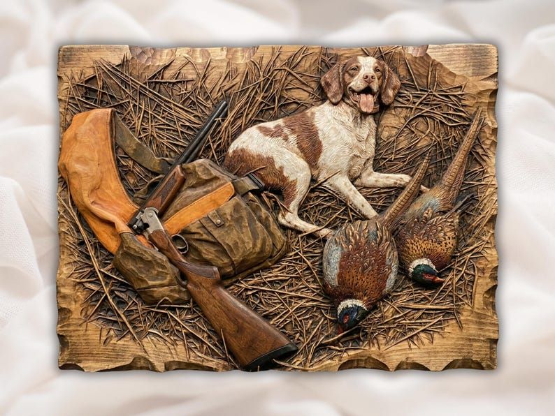 Carved wood relief of a bird dog resting beside a shotgun, game bag, and two pheasants in tall grass.