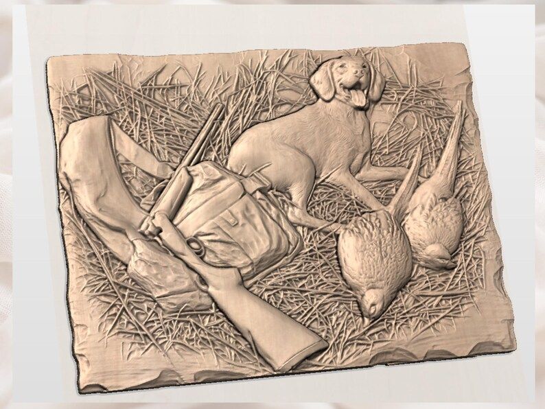 Brittany Spaniel and Pheasants Upland Hunt Relief STL bas-relief STL — view 2