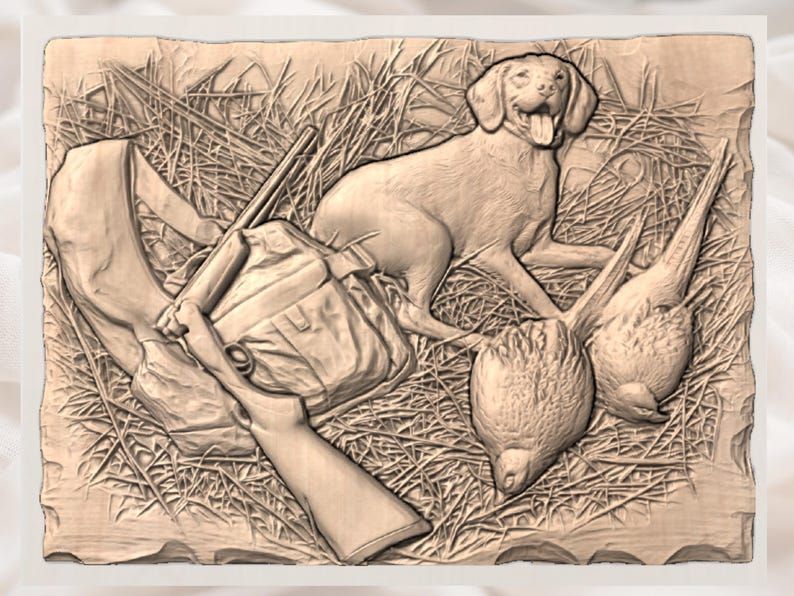 Brittany Spaniel and Pheasants Upland Hunt Relief STL bas-relief STL — view 3