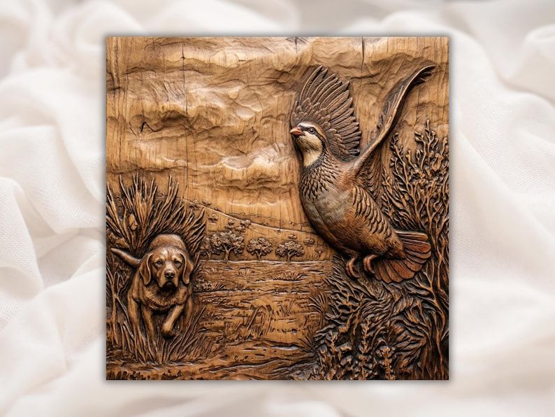 Carved wood relief of a partridge flushing from brush while a hunting dog crouches in the field