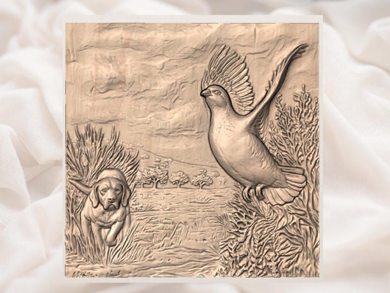 Flushing Partridge and Gun Dog Upland Hunt Relief STL bas-relief STL — view 2