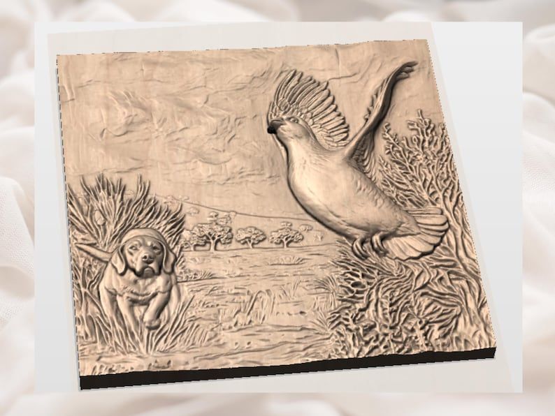Flushing Partridge and Gun Dog Upland Hunt Relief STL bas-relief STL — view 3