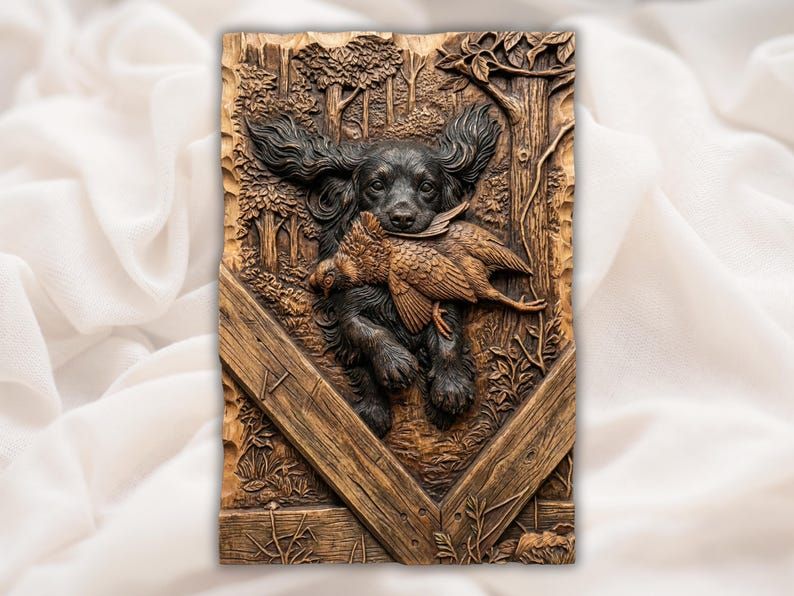 Bas-relief carving of a black spaniel carrying a pheasant in a forest, framed by an angled wood border