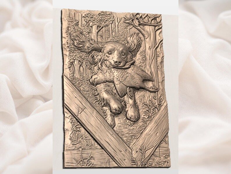 Spaniel Retrieving Pheasant Forest Scene Bas-Relief STL bas-relief STL — view 2