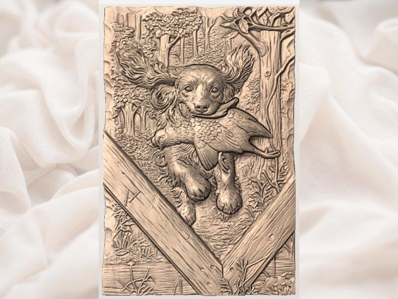 Spaniel Retrieving Pheasant Forest Scene Bas-Relief STL bas-relief STL — view 3
