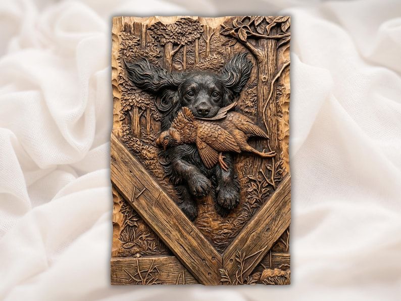 Spaniel Retrieving Pheasant Forest Scene Bas-Relief STL bas-relief STL design