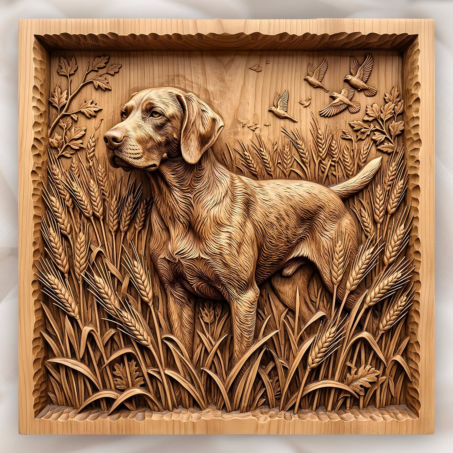 Hunting Dog in Wheat Field CNC Relief STL | Pointer Labrador Wood Carving Design | Wildlife Wall Art Panel | Rustic Cabin Decor — carved bas relief STL file for CNC