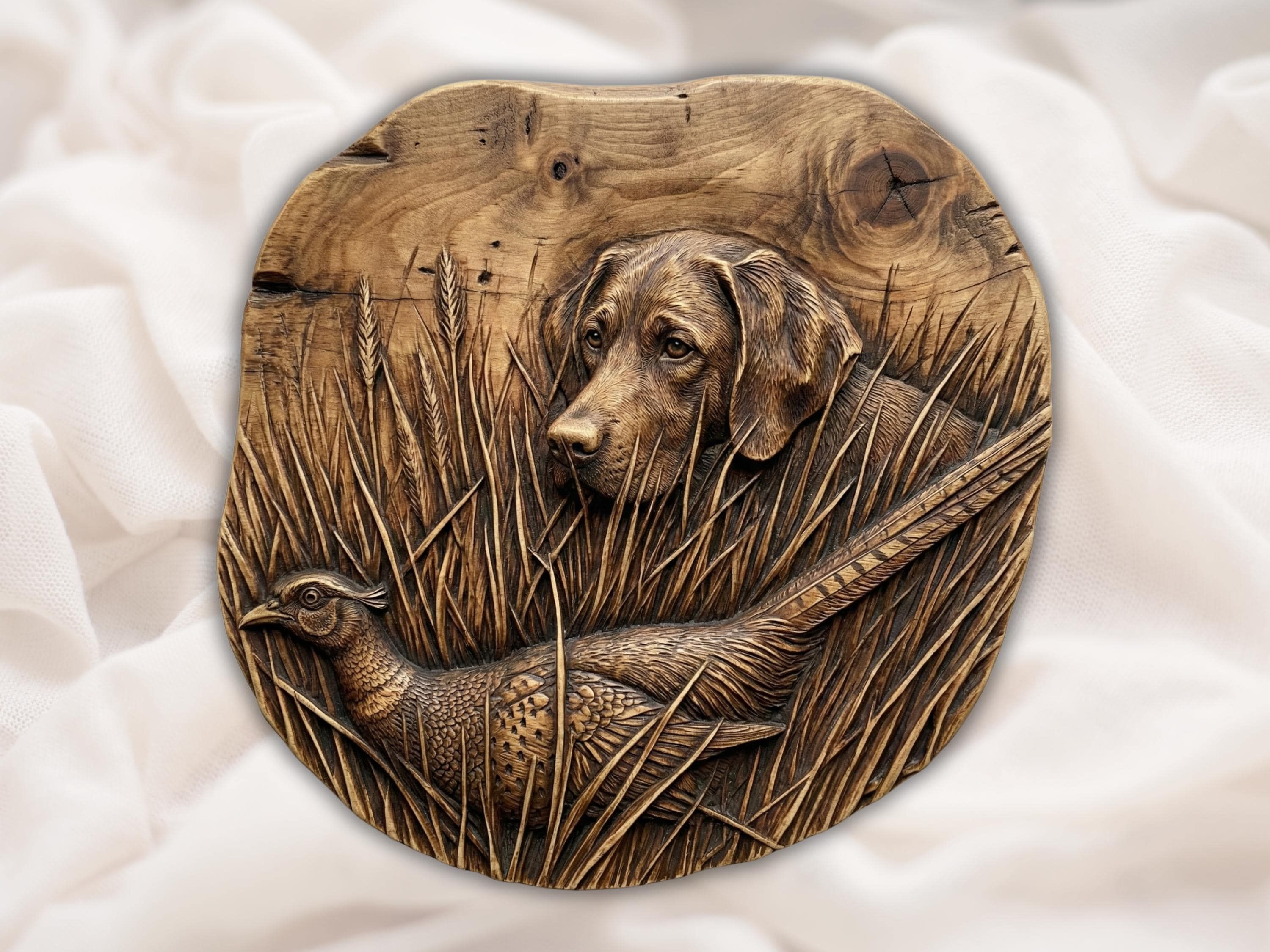 Carved wood bas-relief of a Labrador hunting dog and a pheasant in tall grass on a live-edge panel