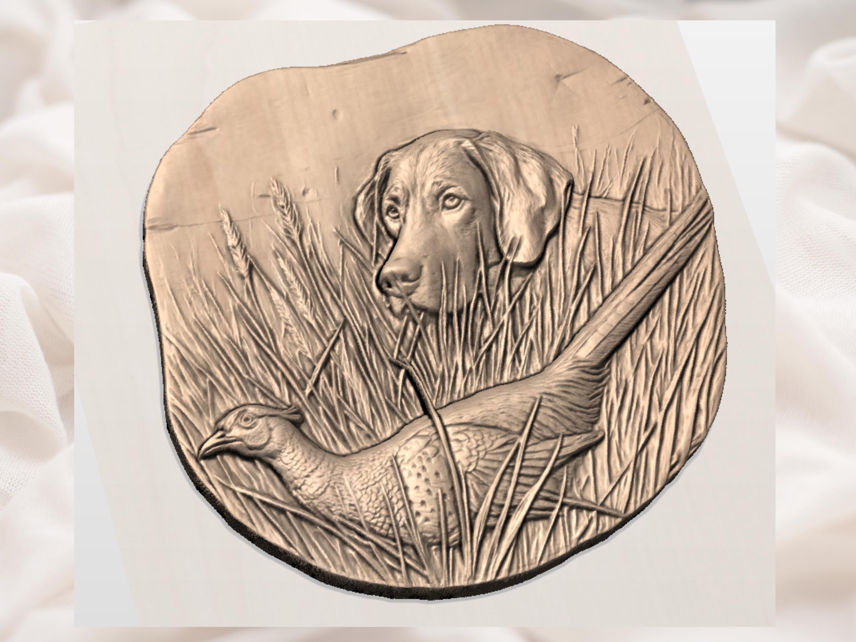 Hunting Lab and Pheasant Bas-Relief STL in Tall Grass bas-relief STL — view 2