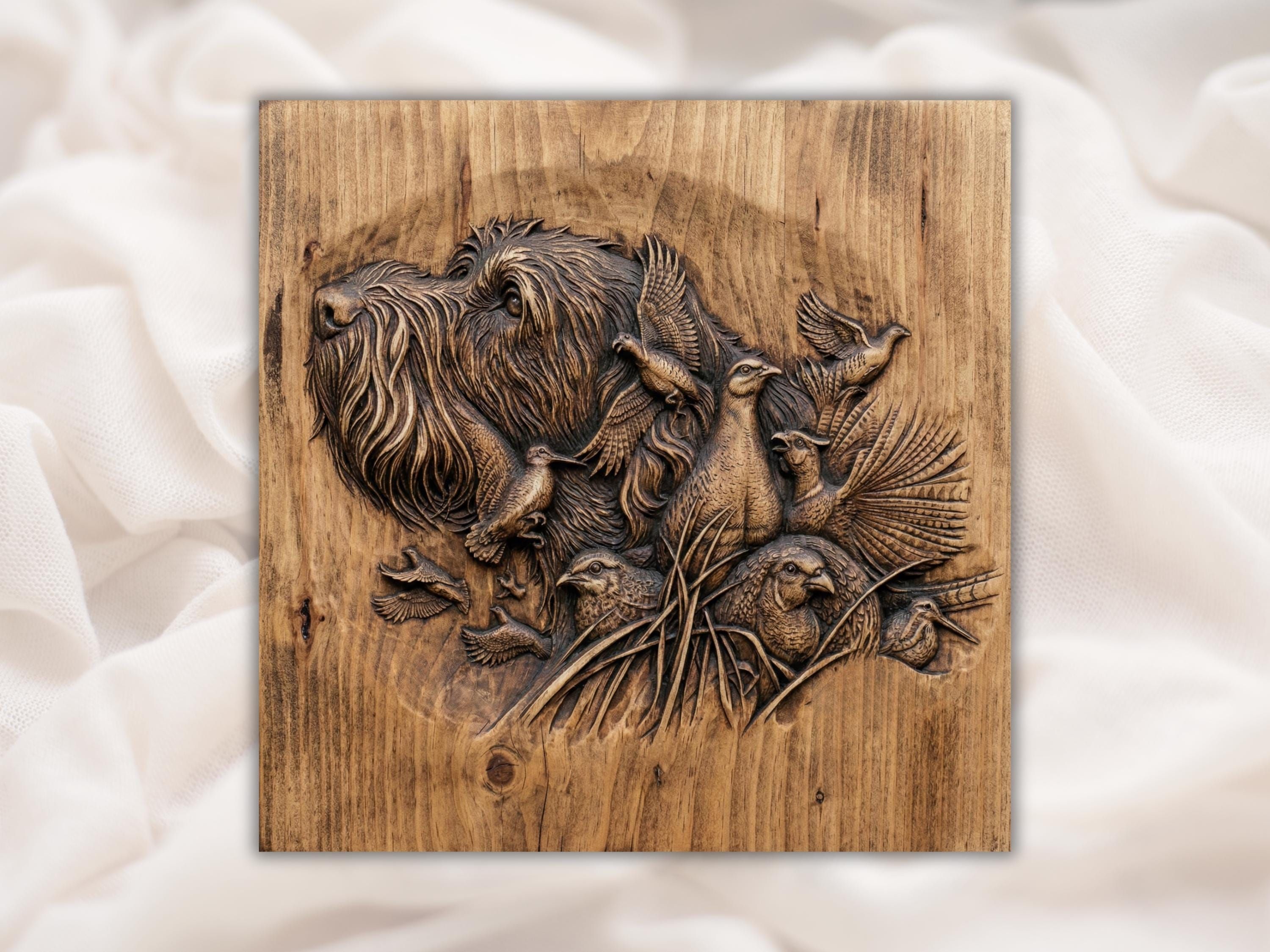 Carved wood relief of a bird dog on point with flushing pheasants and quail in tall grass