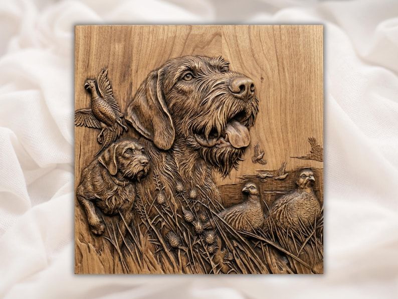 Bas-relief wood carving of a wirehaired pointer dog with a pup and upland game birds in field grass