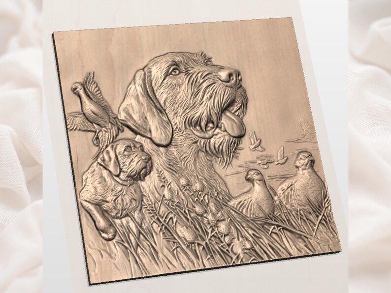 Wirehaired Pointer & Upland Birds Bas-Relief STL Carving bas-relief STL — view 2