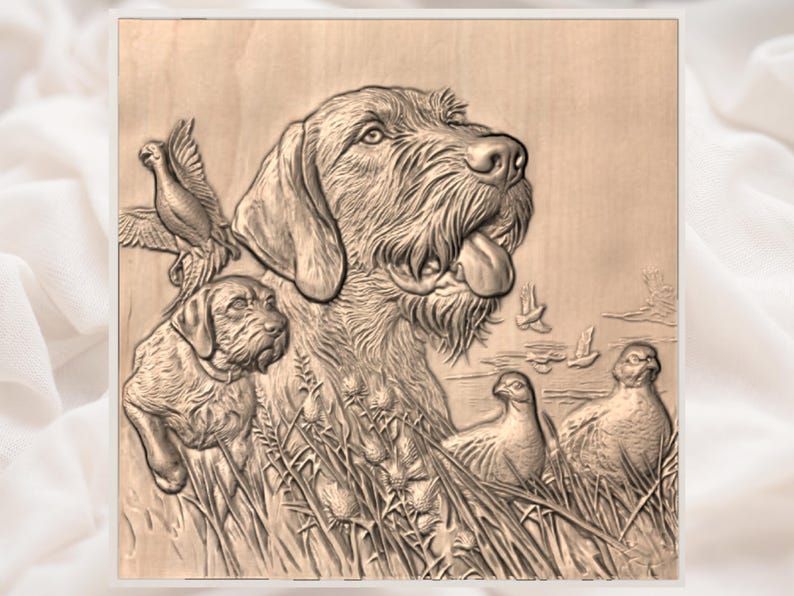 Wirehaired Pointer & Upland Birds Bas-Relief STL Carving bas-relief STL — view 3