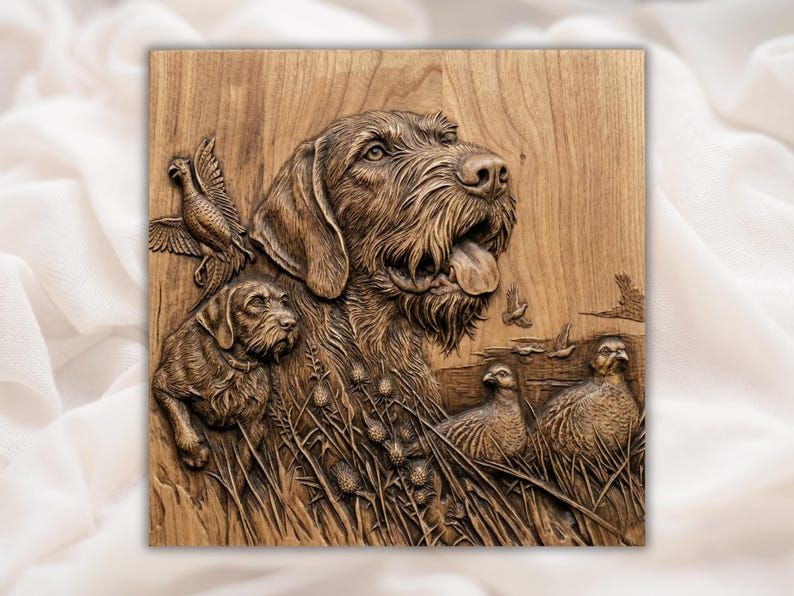 Wirehaired Pointer & Upland Birds Bas-Relief STL Carving bas-relief STL design