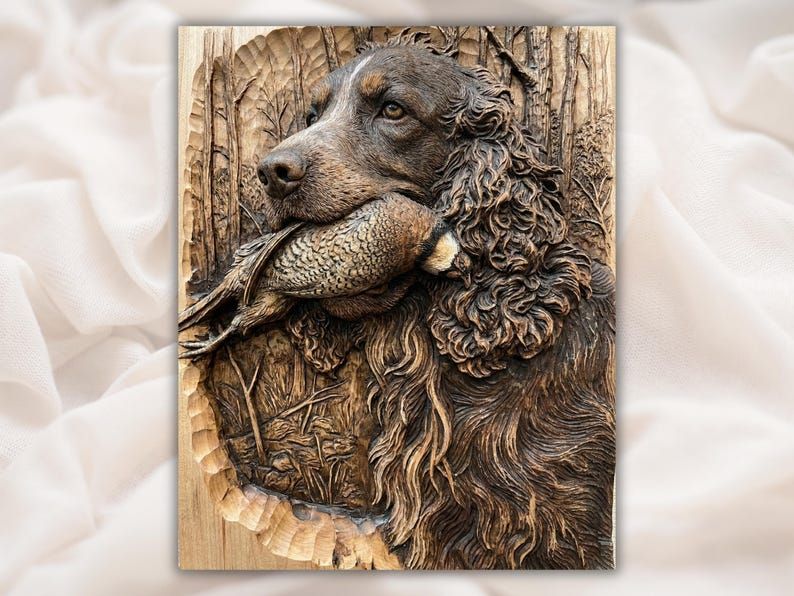 Bas-relief wood carving of a spaniel hunting dog holding a pheasant, with bare trees behind it