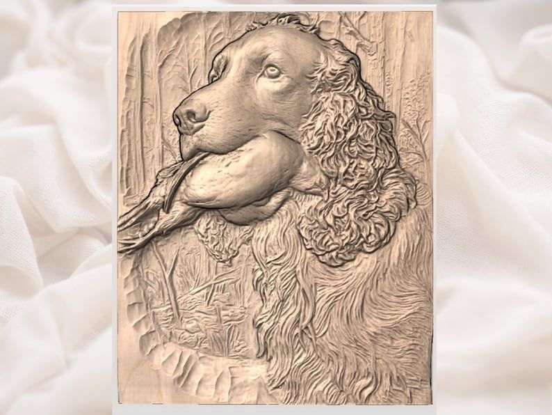Spaniel Retrieving a Pheasant Bas-Relief STL Carving bas-relief STL — view 2