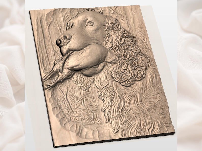 Spaniel Retrieving a Pheasant Bas-Relief STL Carving bas-relief STL — view 3