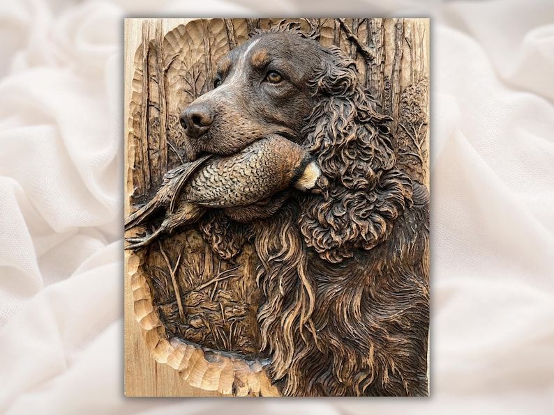 Spaniel Retrieving a Pheasant Bas-Relief STL Carving bas-relief STL design