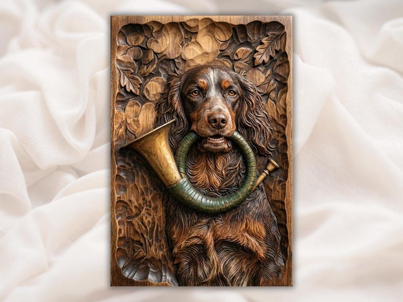 Bas-relief wood carving of a spaniel holding a brass hunting horn, framed by carved oak leaves.