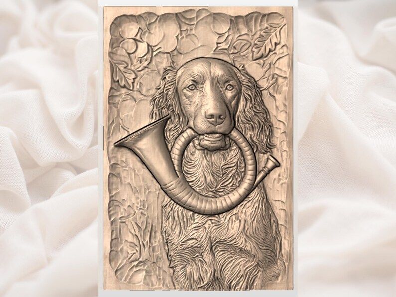 Spaniel with Brass Hunting Horn Bas-Relief Carving STL bas-relief STL — view 2