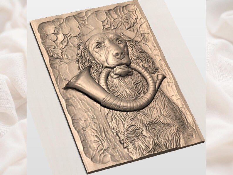 Spaniel with Brass Hunting Horn Bas-Relief Carving STL bas-relief STL — view 3