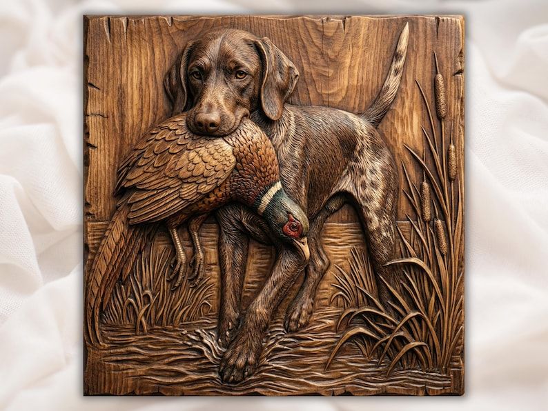 Bas-relief wood carving of a hunting dog retrieving a pheasant among cattails and marsh grass.
