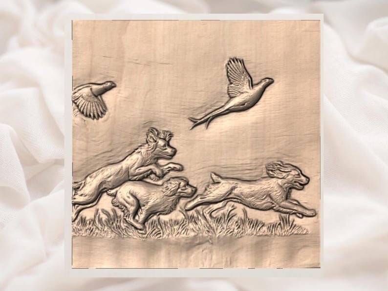 Spaniels Flushing Pheasants Hunting Scene Bas-Relief STL bas-relief STL — view 2