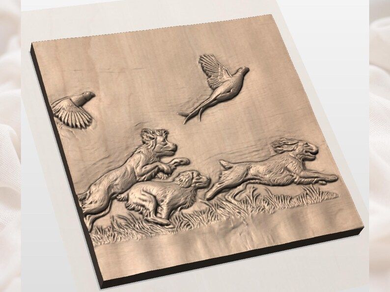 Spaniels Flushing Pheasants Hunting Scene Bas-Relief STL bas-relief STL — view 3