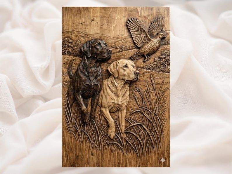 Bas-relief wood carving of two Labrador retrievers in tall grass with a pheasant flushing over hills