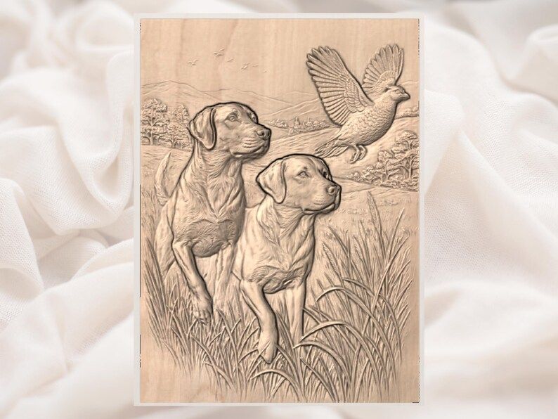 Two Labradors Flushing a Pheasant Upland Hunt Relief STL bas-relief STL — view 2
