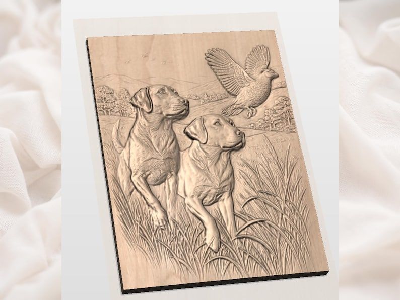 Two Labradors Flushing a Pheasant Upland Hunt Relief STL bas-relief STL — view 3