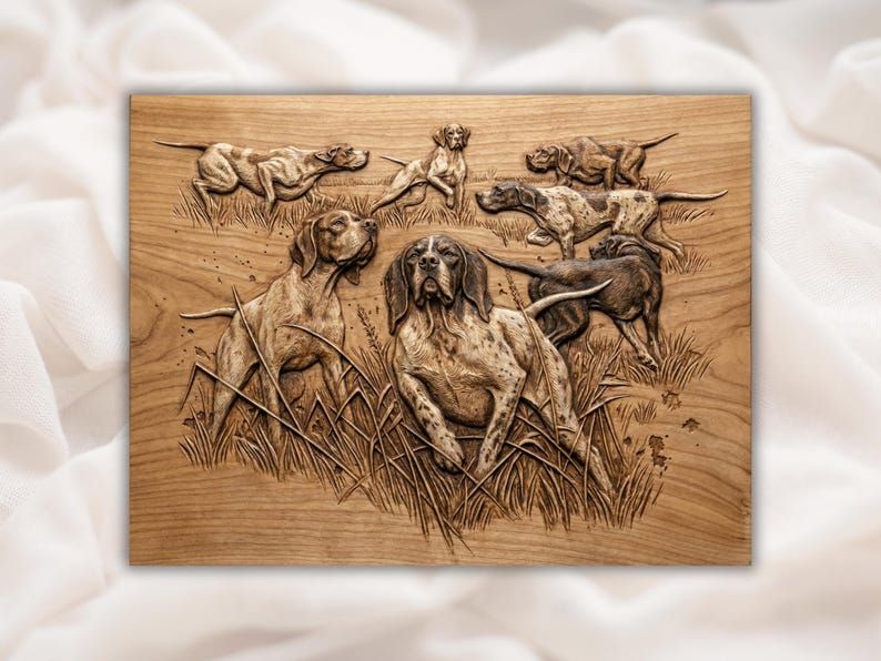 Carved wood bas-relief of seven hunting pointer dogs working point in a tall grass field