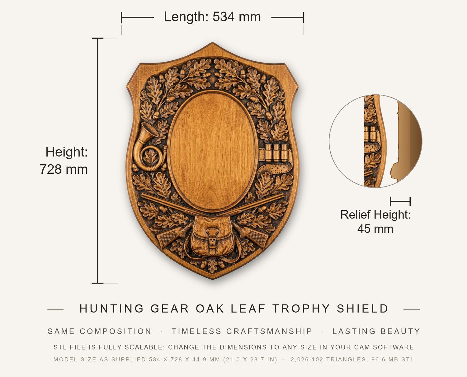 Hunting Gear Oak Leaf Trophy Shield CNC Relief STL bas-relief STL — view 3
