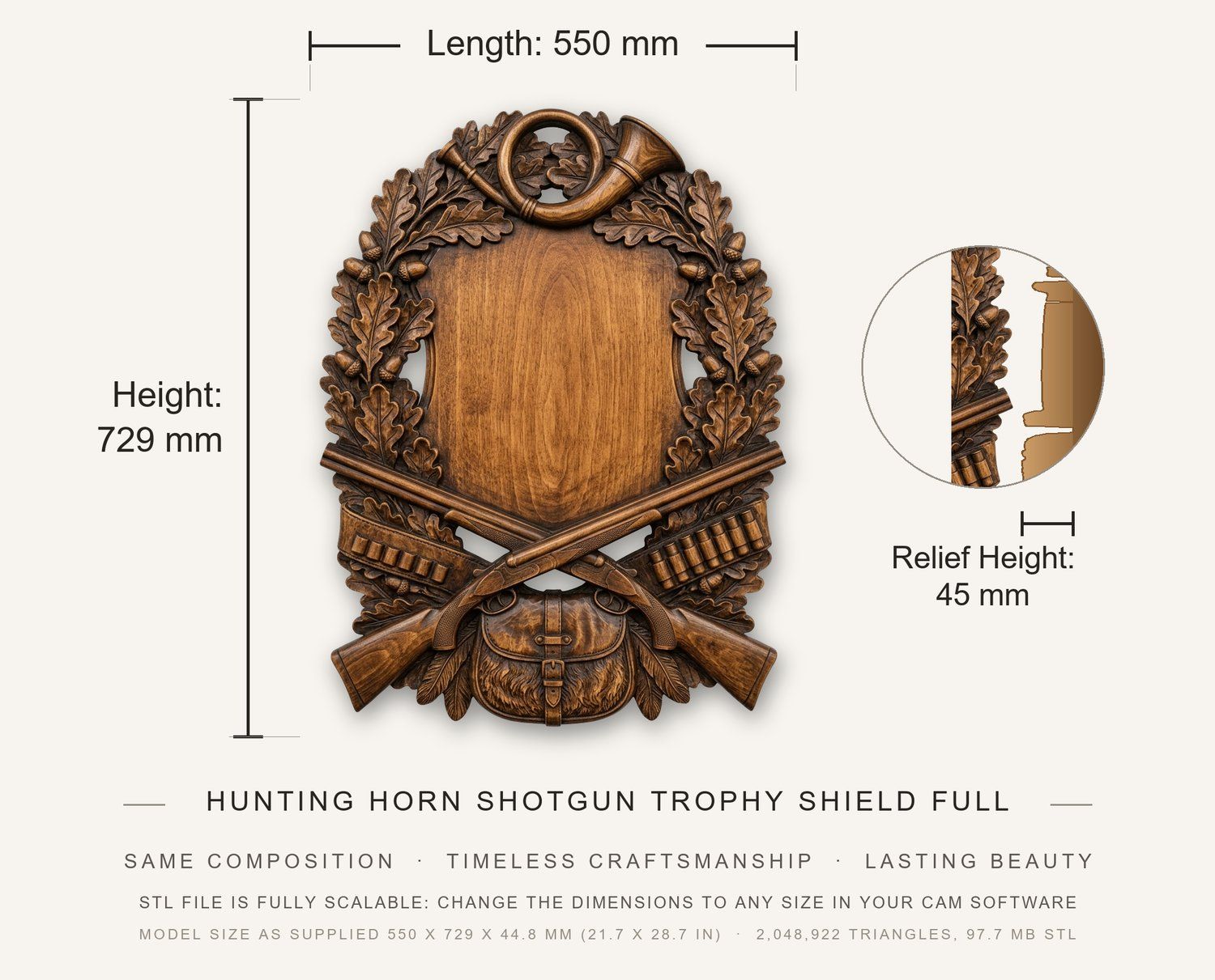 Hunting Horn Shotgun Trophy Shield Full Hunt CNC Relief STL bas-relief STL — view 3