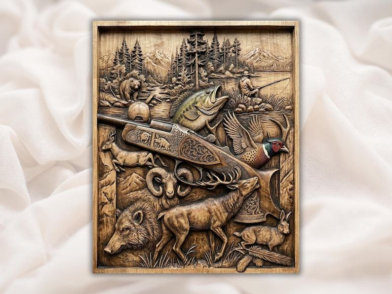 Carved wood relief of deer, elk, bear, ram, bass, pheasant and rabbit around an engraved shotgun with mountains.