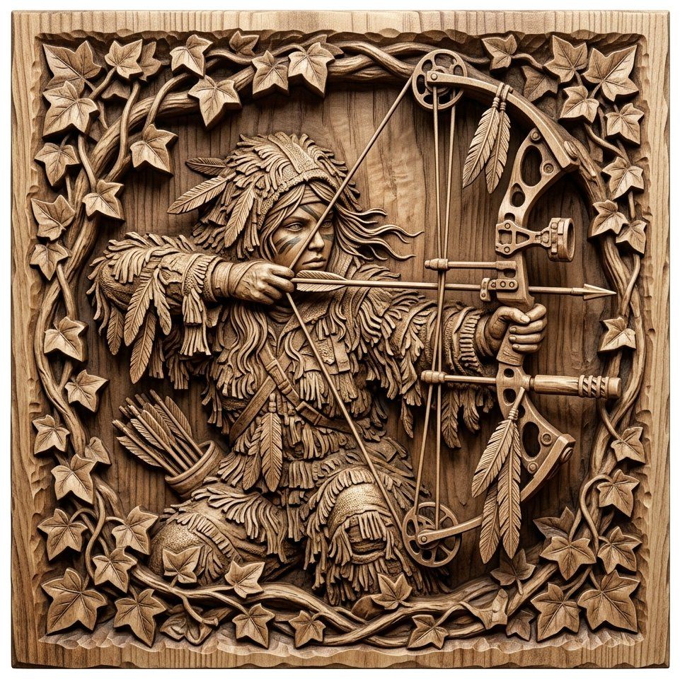 Huntress Archer Wall Art Panel | Native American Warrior Woman Relief | Woodland Huntress Decor | Intricate Ivy Frame Wood Carving — carved bas relief STL file for CNC