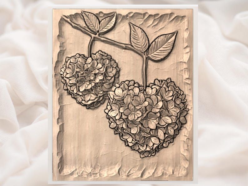Hydrangea Hearts Bas-Relief STL, Two Blooming Flower Hearts on a Branch bas-relief STL — view 2