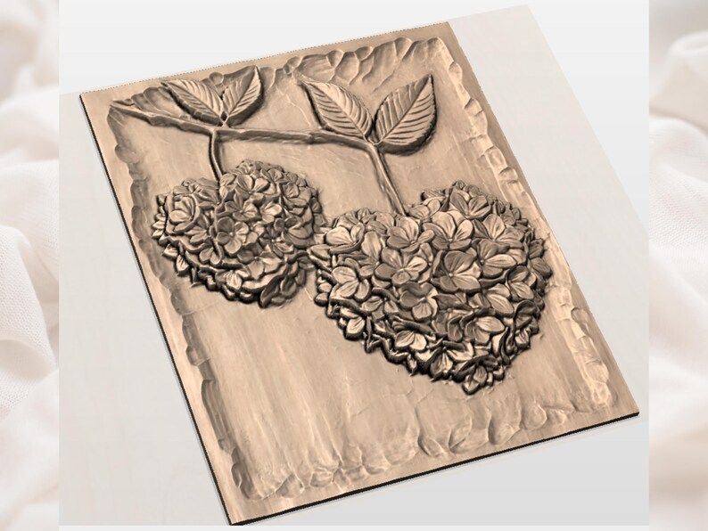 Hydrangea Hearts Bas-Relief STL, Two Blooming Flower Hearts on a Branch bas-relief STL — view 3