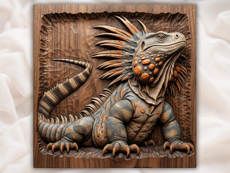 Carved wood bas-relief of a spiky full-body iguana lizard with raised scales, orange spots, and a curling tail
