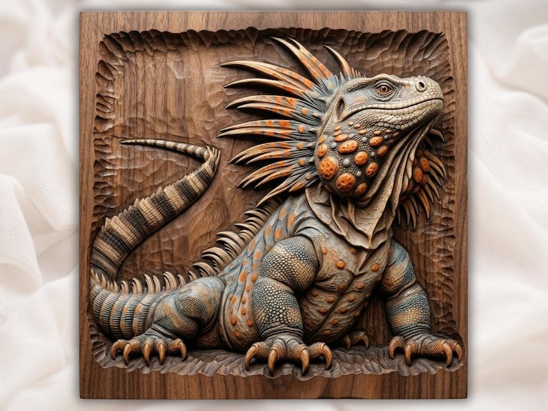 Spiky Iguana Bas-Relief STL, Full-Body Lizard CNC Carving bas-relief STL design