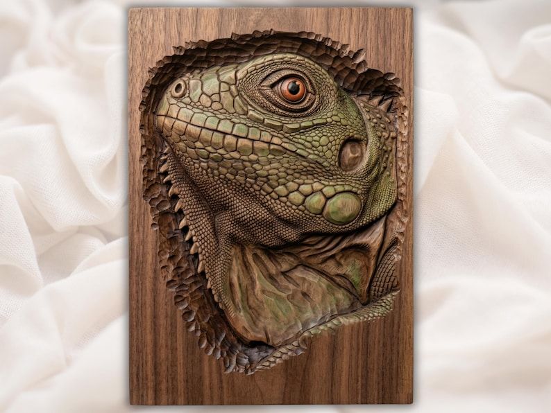 Bas-relief carving of an iguana head with detailed scales emerging from a dark walnut wood panel