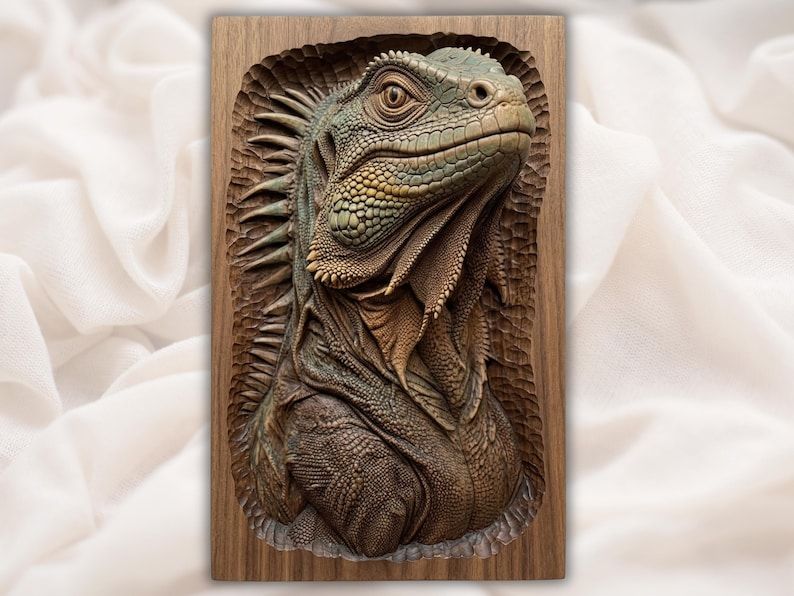 Carved wood bas-relief of an iguana head with detailed scales, crest spines, and throat folds on a walnut panel