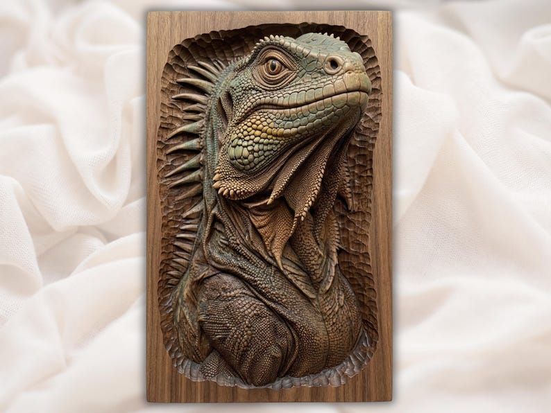 Iguana Portrait Bas-Relief STL with Scaled Skin and Spines bas-relief STL design