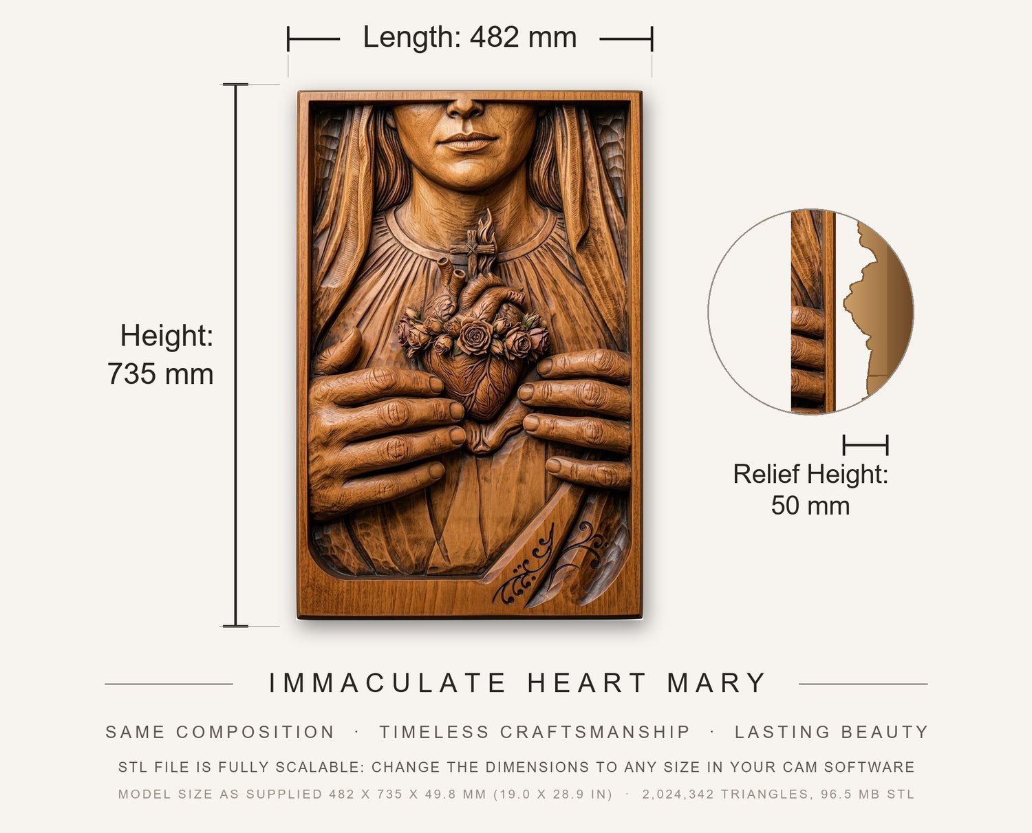 Immaculate Heart Mary CNC Relief STL bas-relief STL — view 3