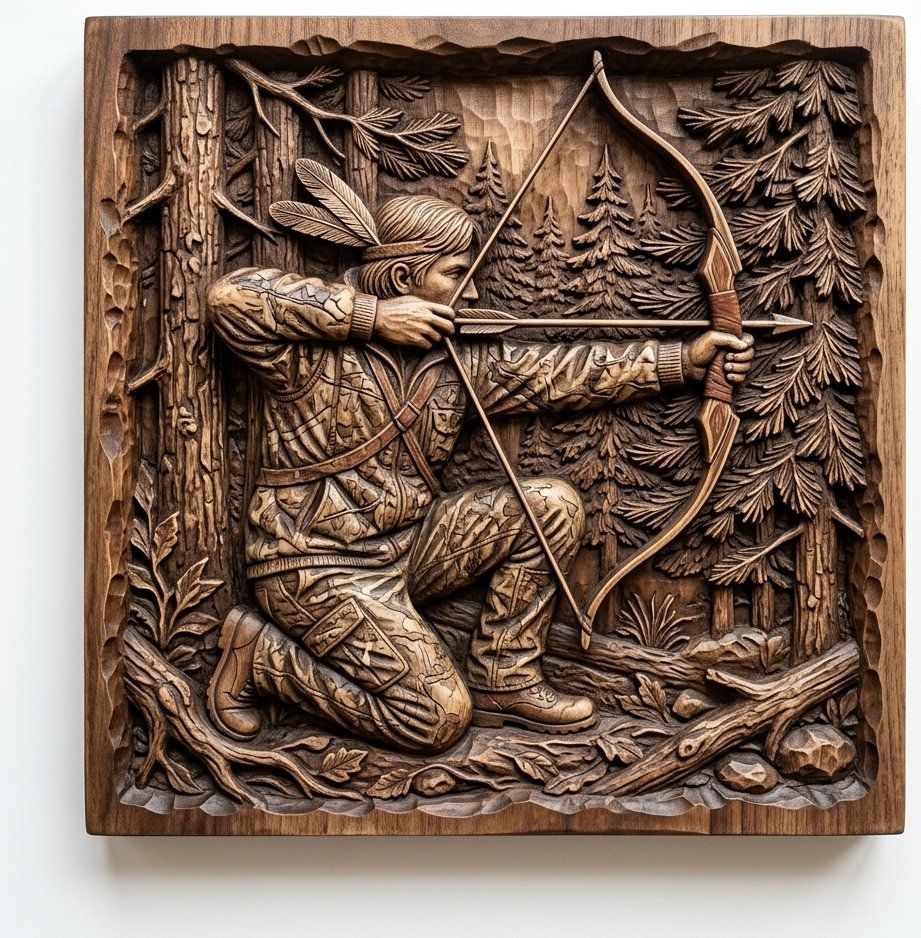 Indigenous Archer Wood Carving Panel | Native Hunter Wall Art Design | Rustic Forest Scene Decor | Traditional Bow Hunter Relief — carved bas relief STL file for CNC