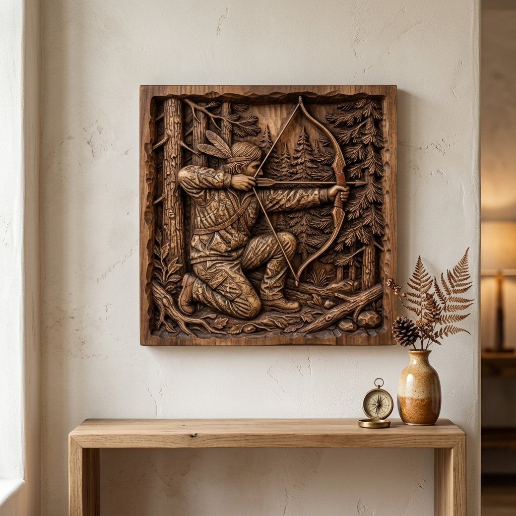Indigenous Archer Wood Carving Panel bas-relief STL — view 3