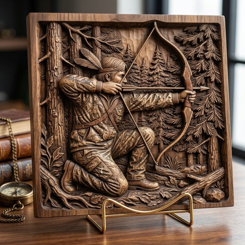 Indigenous Archer Wood Carving Panel bas-relief STL — view 4