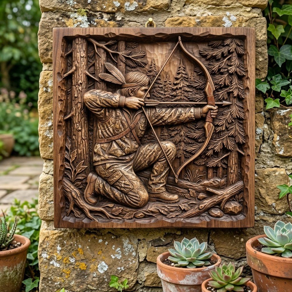Indigenous Archer Wood Carving Panel bas-relief STL — view 5