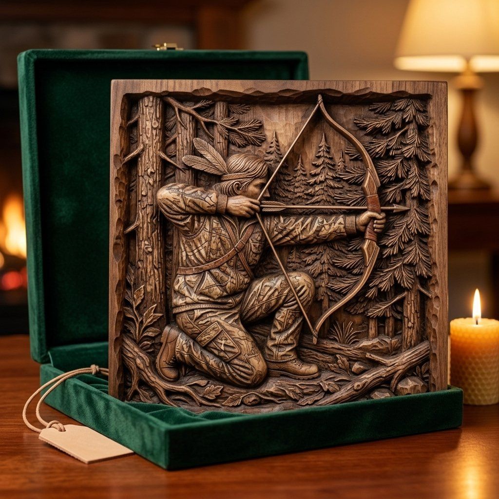 Indigenous Archer Wood Carving Panel bas-relief STL — view 6